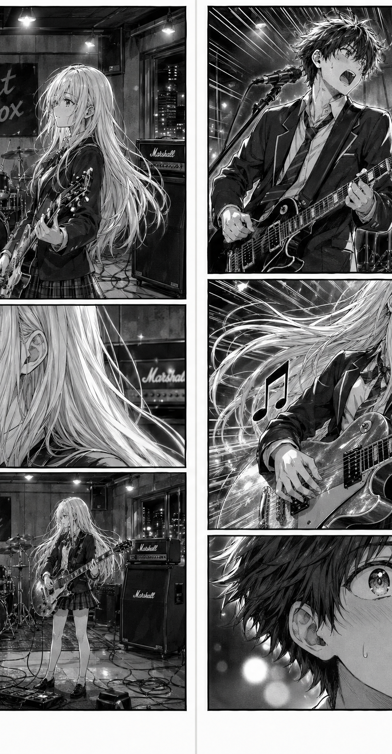 A two-page black-and-white manga spread set in a nighttime high school band rehe
