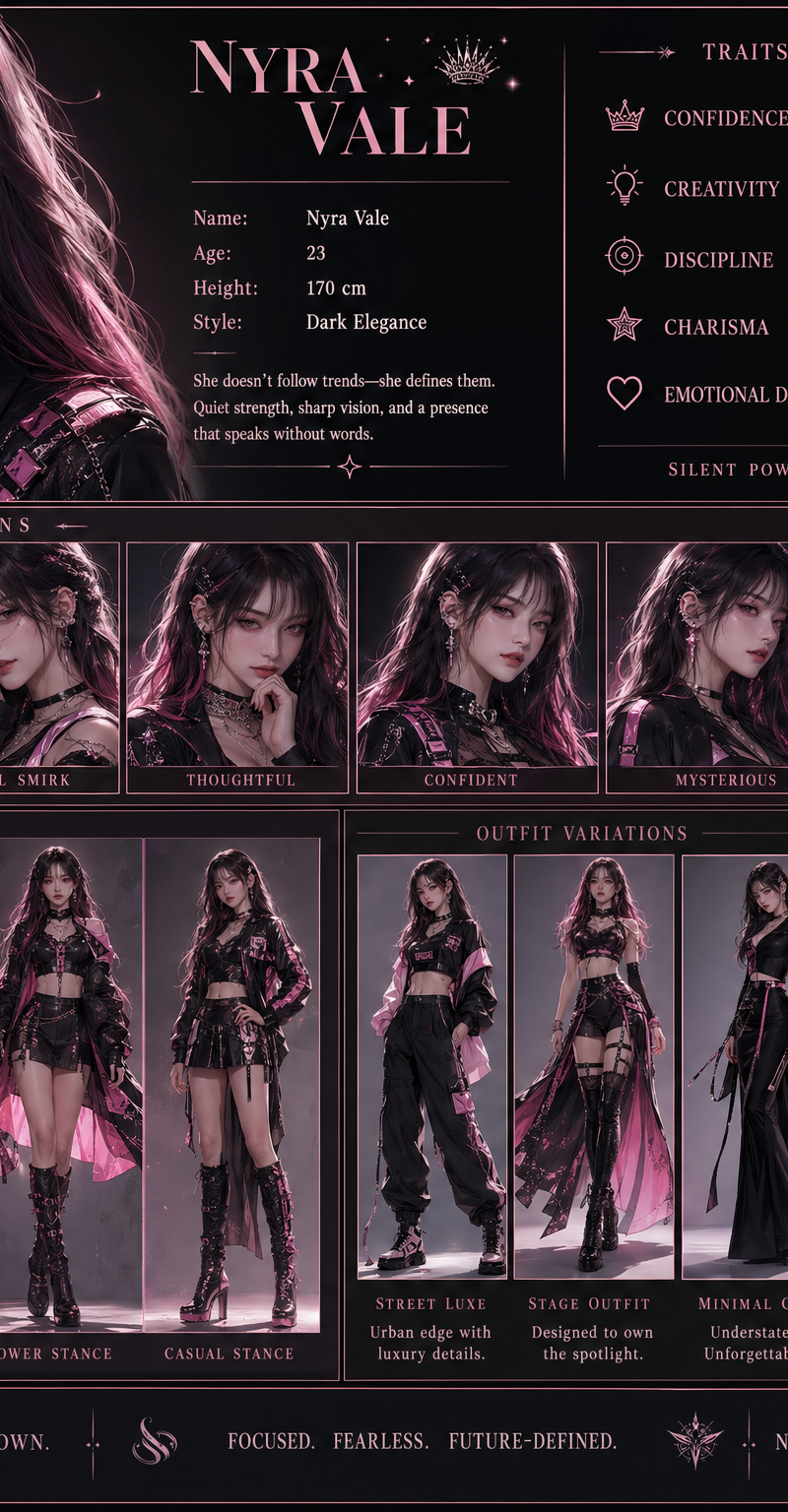 Create a high-resolution vertical character concept poster with a luxury pink an