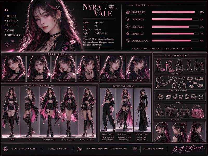 Create a high-resolution vertical character concept poster with a luxury pink an