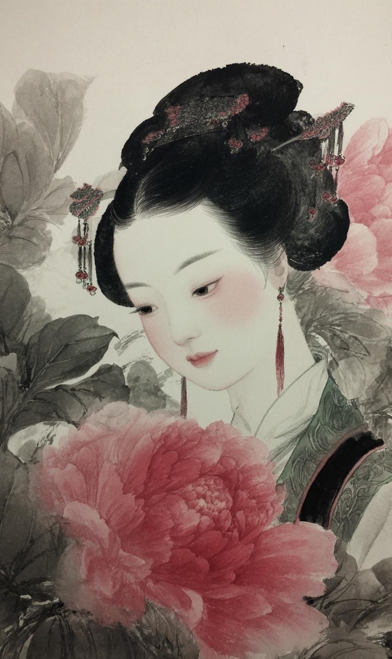 Chinese ancient beauty, Gongbi painting style, delicate ink lines, pastel colors