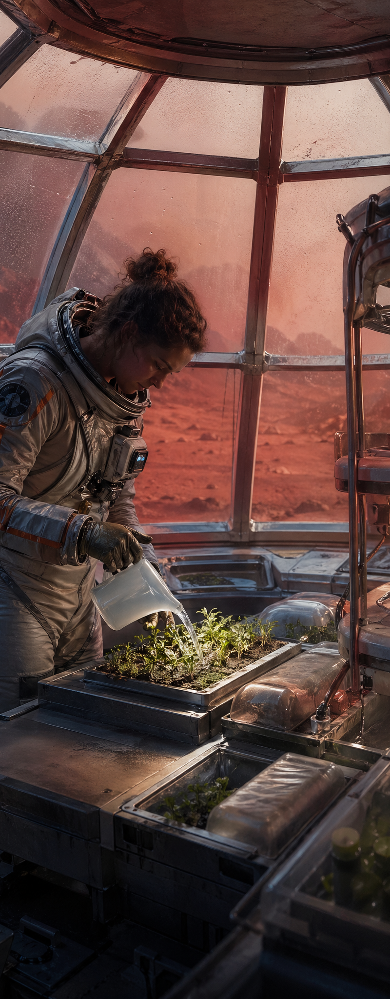 A lone astronaut botanist inside a small greenhouse module on Mars, carefully wa
