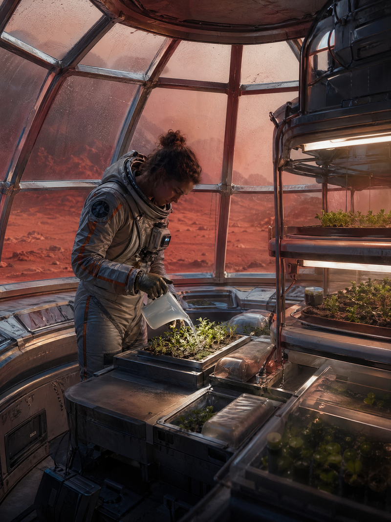 A lone astronaut botanist inside a small greenhouse module on Mars, carefully wa