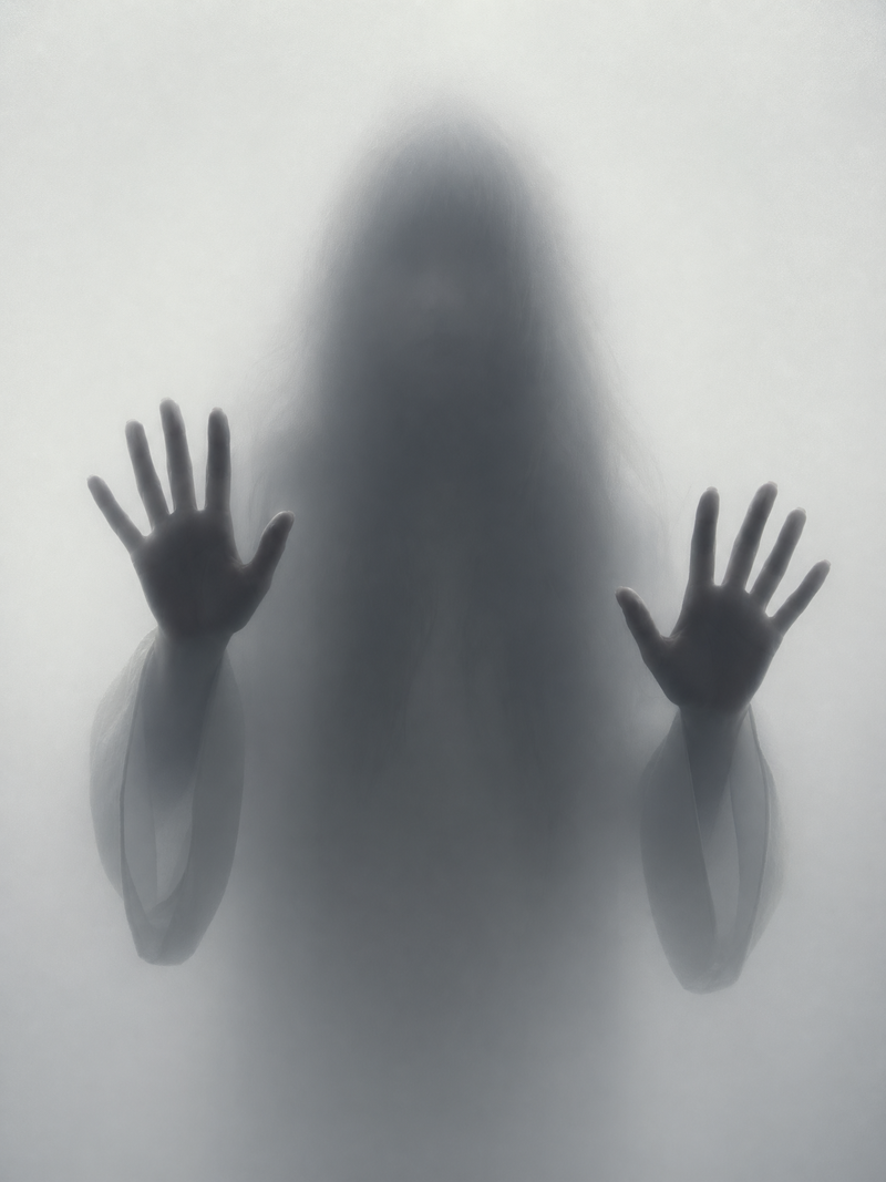 Minimalist art, silhouette of a long haired female character behind semi transpa