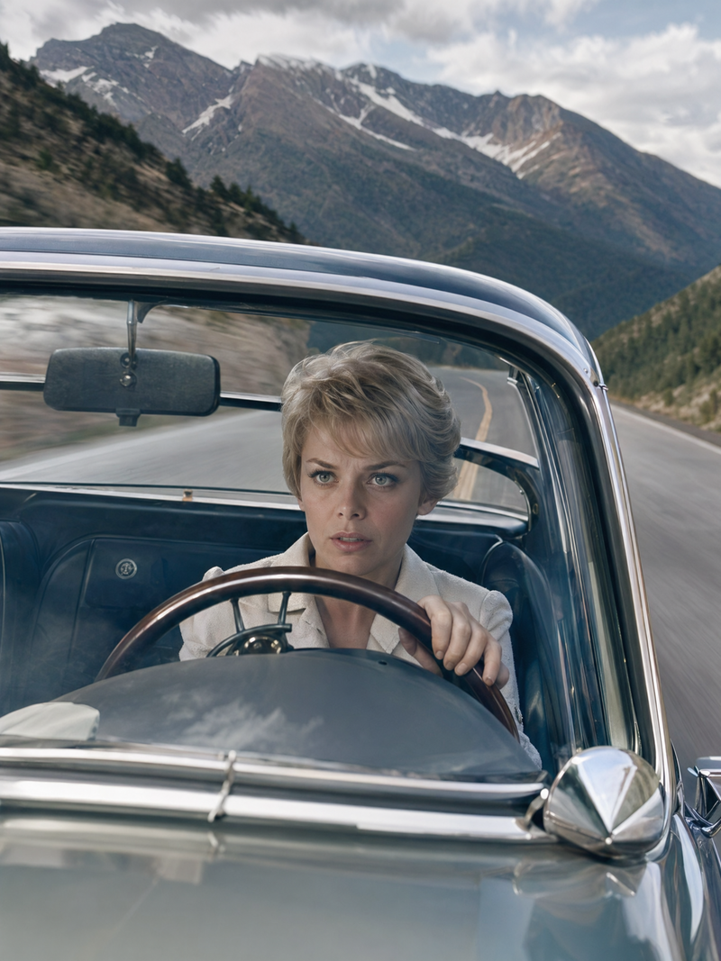 realistic photography, Mia Farrow, in a sports car, visible through the windshie