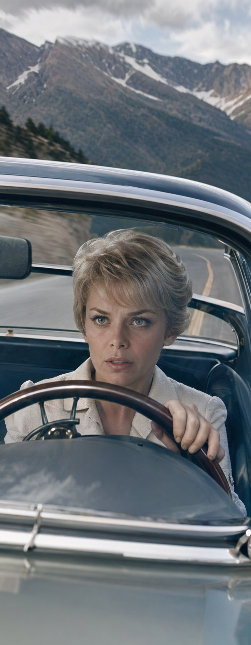 realistic photography, Mia Farrow, in a sports car, visible through the windshie
