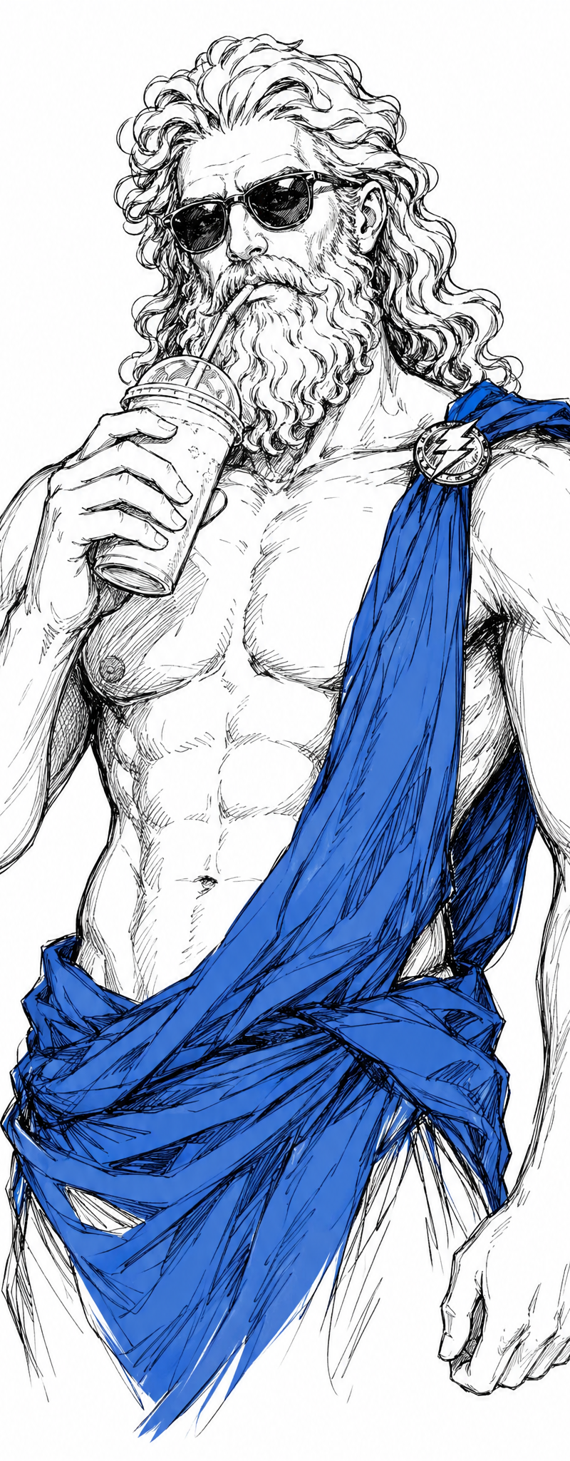 generate a artwork like handdrawn style on a flat white background of zeus from