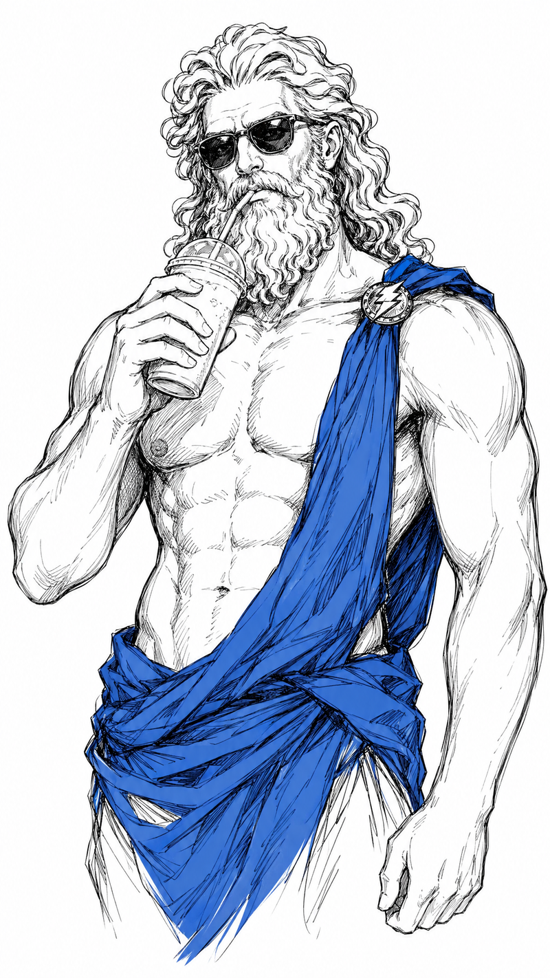 generate a artwork like handdrawn style on a flat white background of zeus from