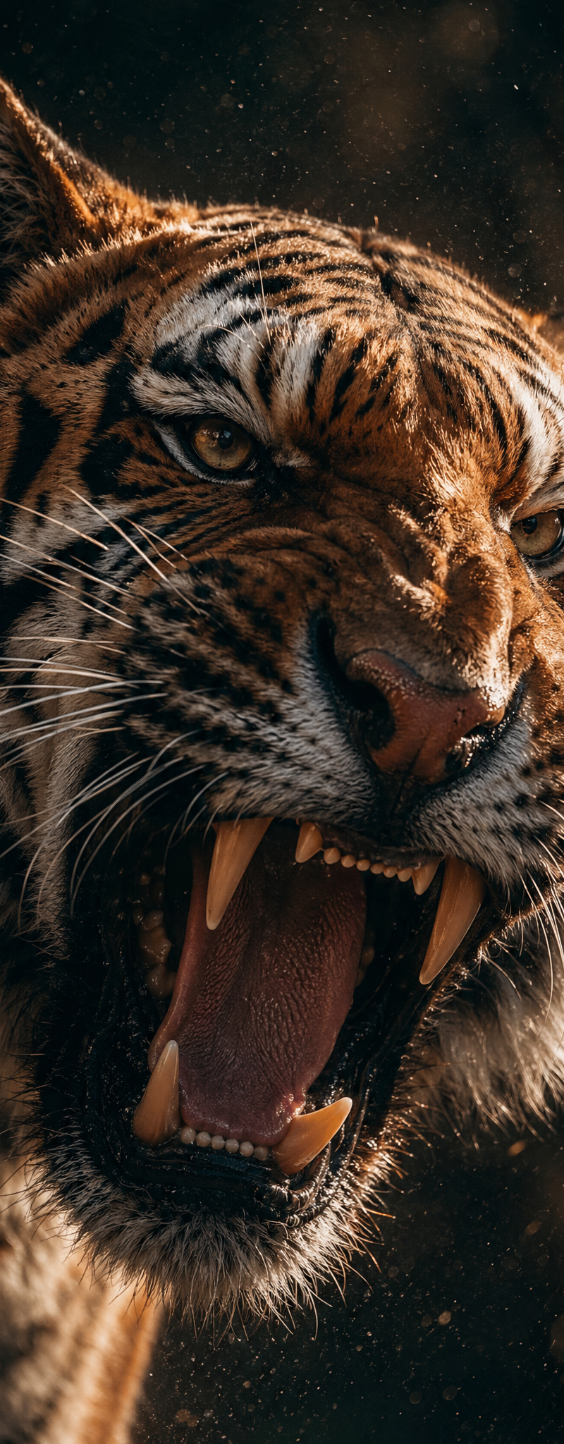 Close - up of a tiger's head, its eyes blazing with fierce determination