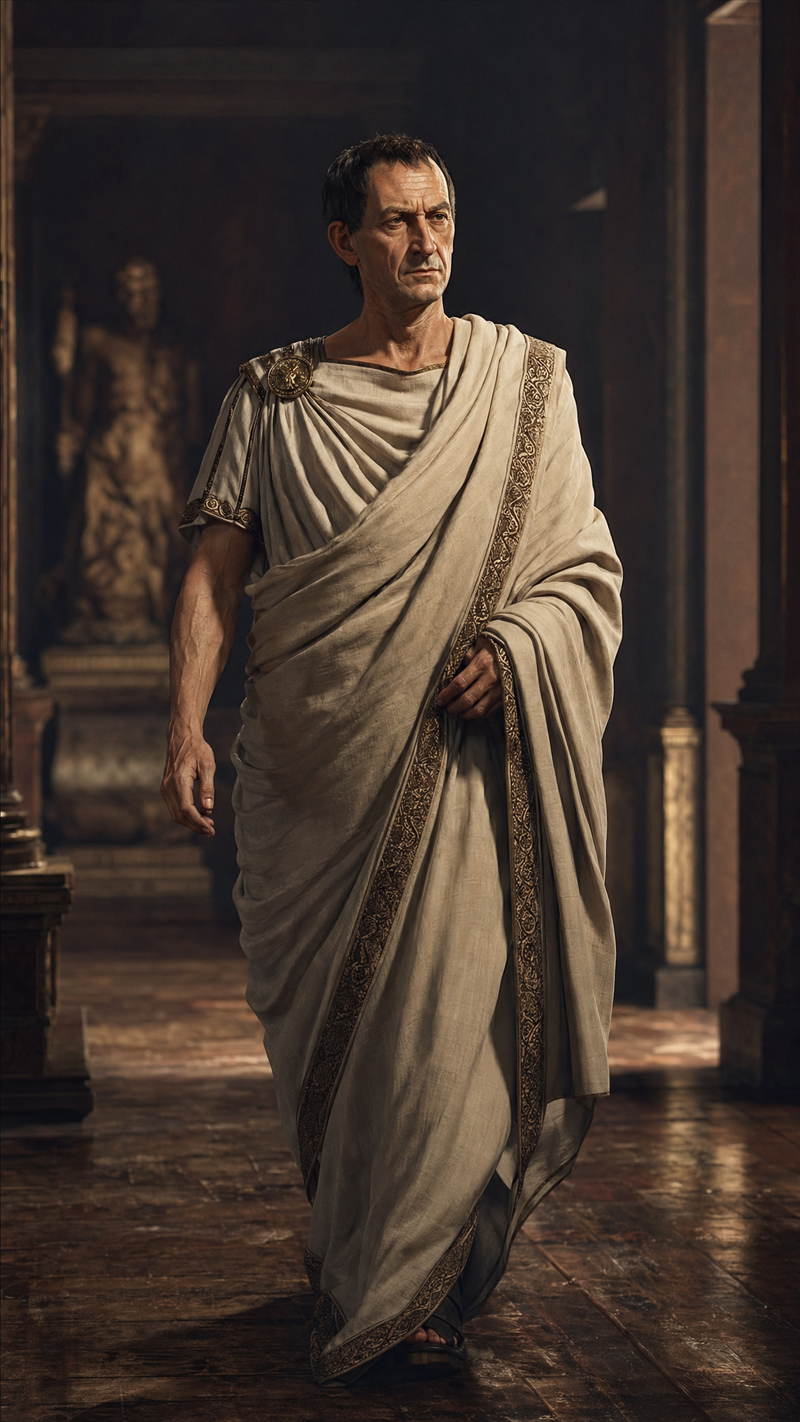 A portrait of julius caesar, emepror of rome, , with white toga centered, walkin