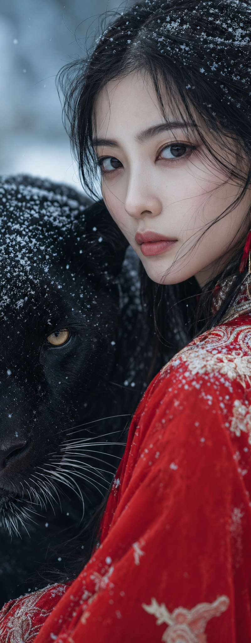 a detailed portrait of an east asian woman and a large black panther against a s