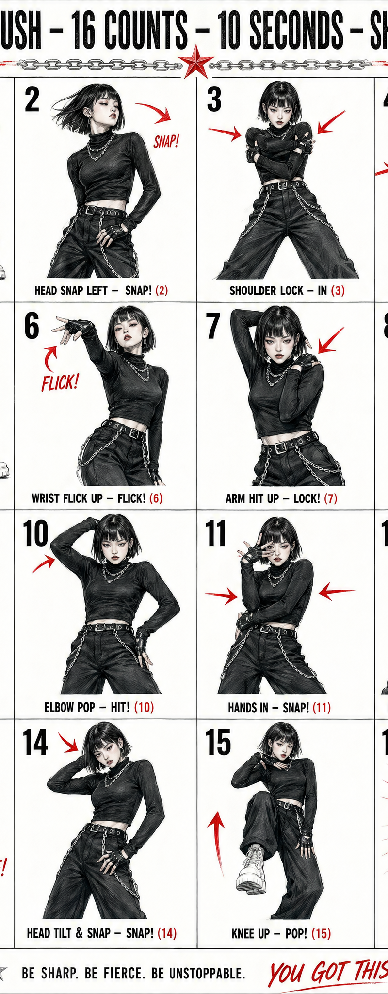 A colored pencil sketch style choreography sheet infographic for a K-pop solo da