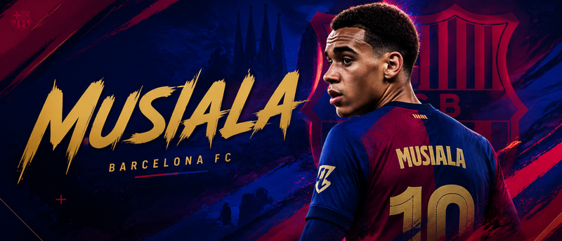 Make an art, a design of Musiala as a player for Barca, level advanced design, 7