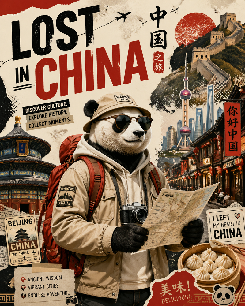 Create a stylized travel poster / graphic collage for China