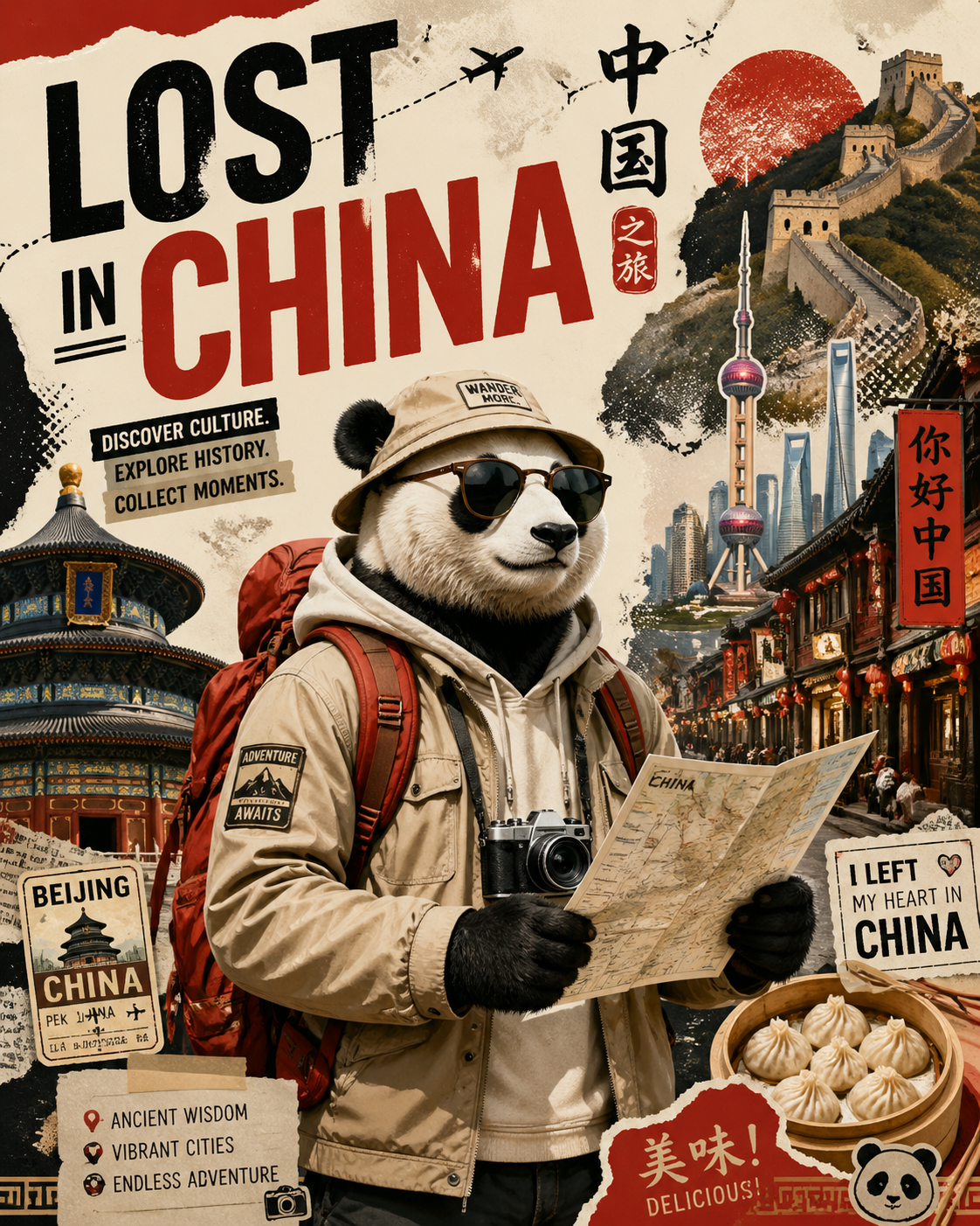 Create a stylized travel poster / graphic collage for China