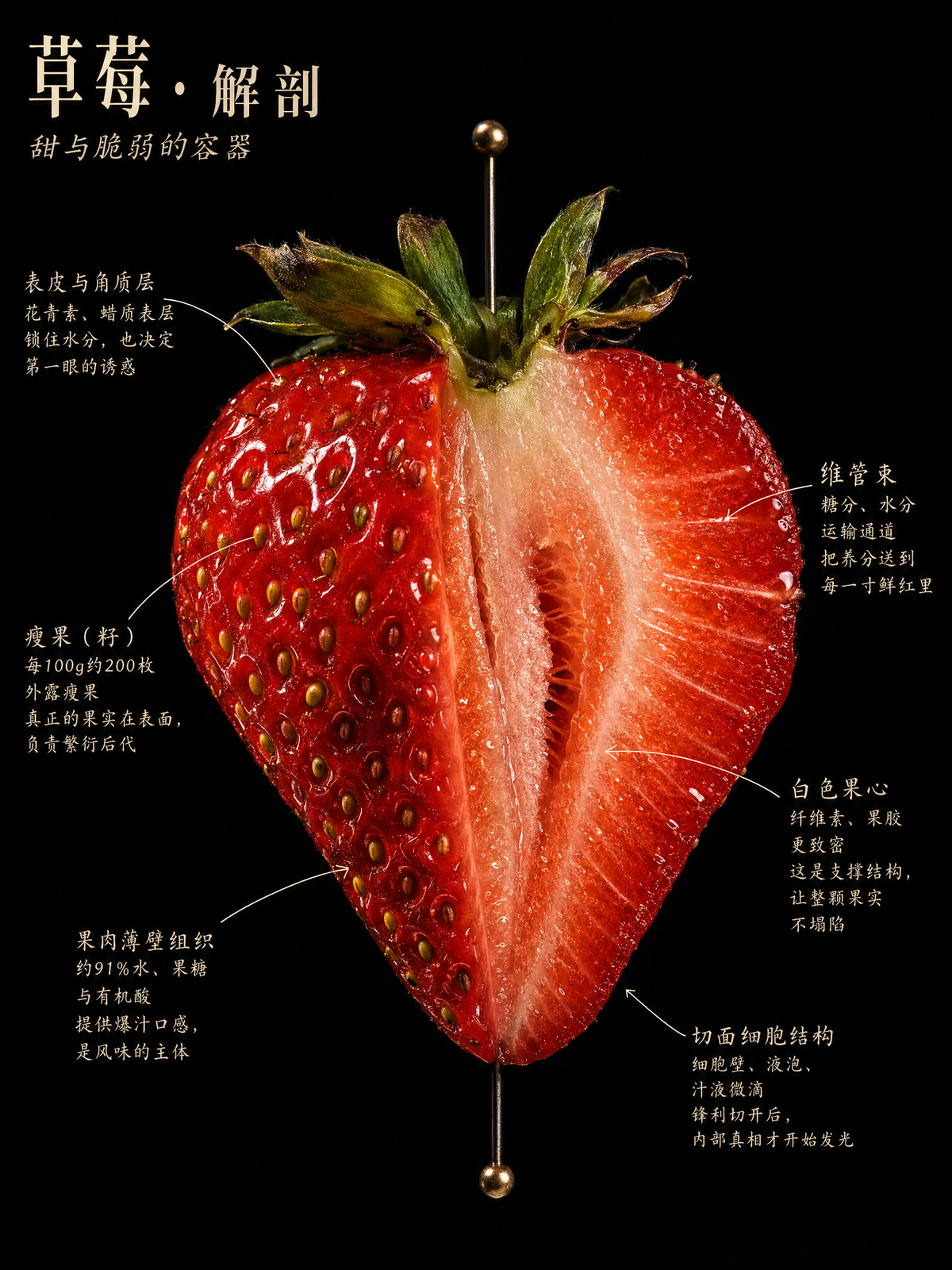 一颗/一块/一枚【草莓】,以博物学大师发现野外标本的方式解剖。 剖开、展开、固定——如同博物馆的珍贵藏品, 却以卡拉瓦乔为《国家地理》掌镜时的光线照亮。 每一个