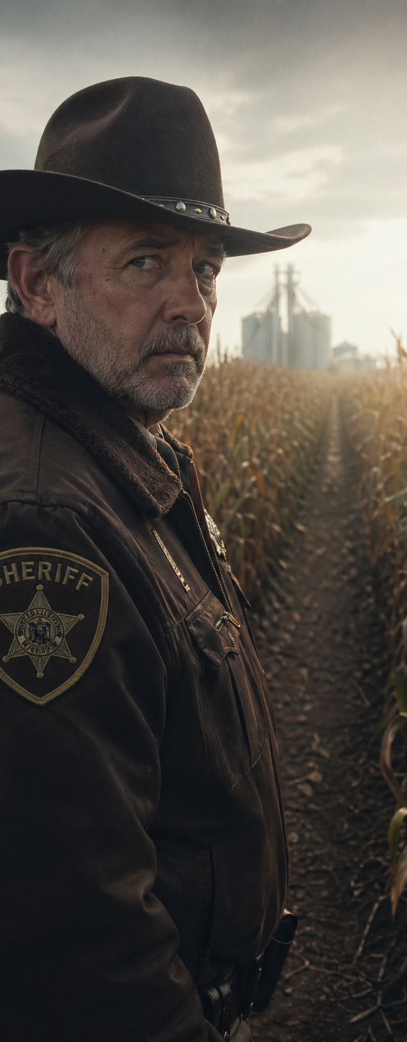 cinematic close up shot of [Sheriff in a long cornfield], 35mm film aesthetic, n