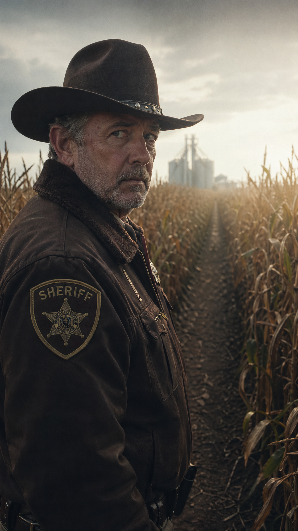 cinematic close up shot of [Sheriff in a long cornfield], 35mm film aesthetic, n