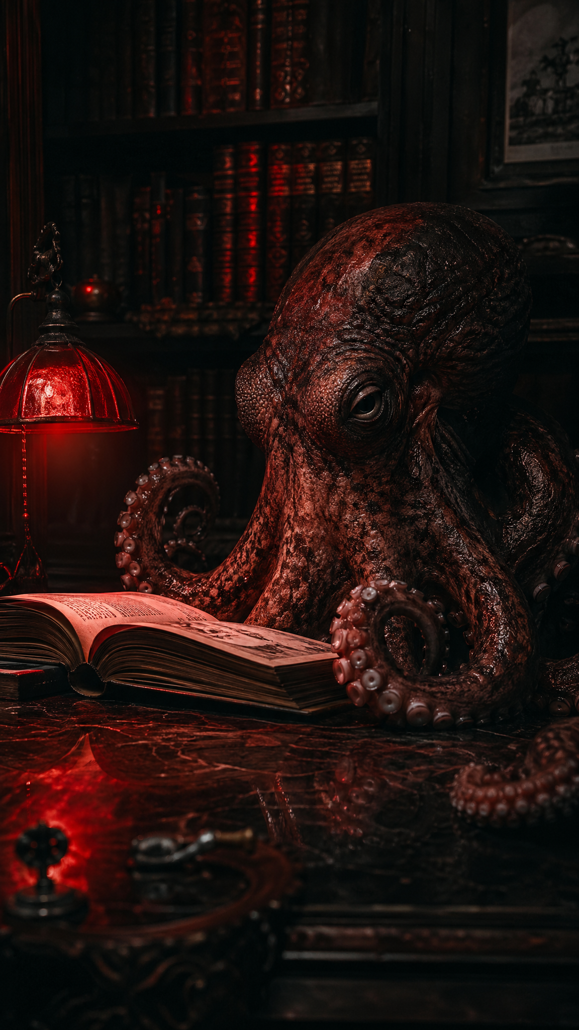 Cinematic shot of [a octopus reading a book, Dark library scene with tall booksh