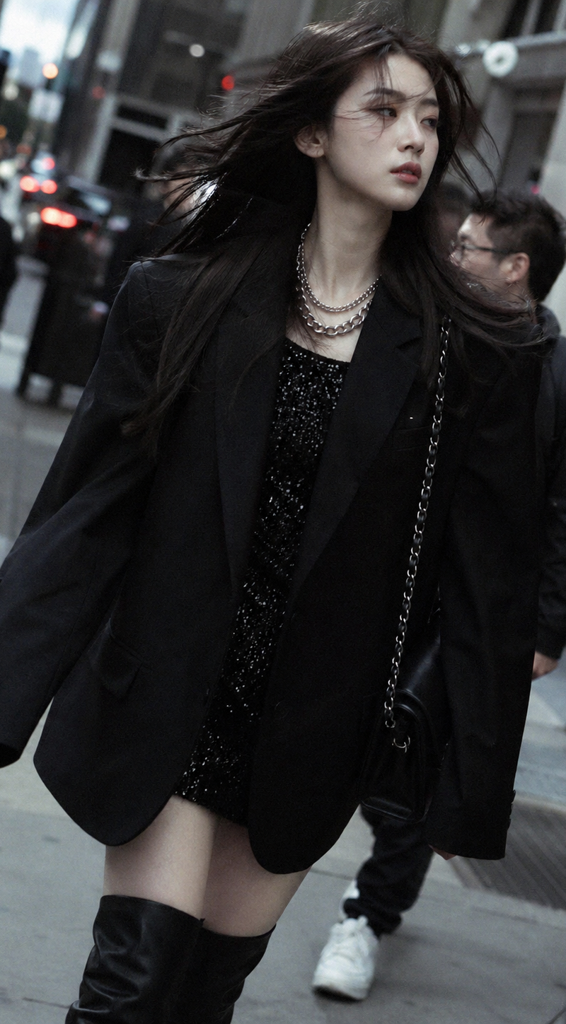 A realistic paparazzi-style street snap of a sophisticated young woman in her ea