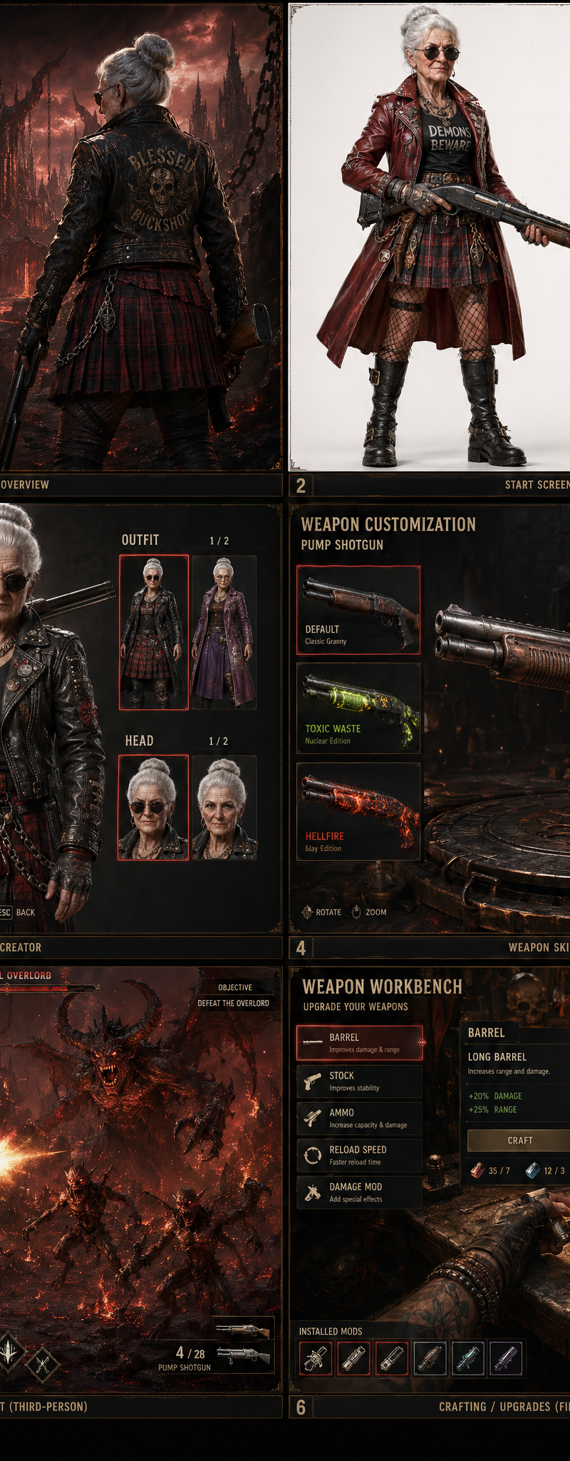 on a 3x2 grid create a detailed gaming screens sheet for a highly detailed 3d ga