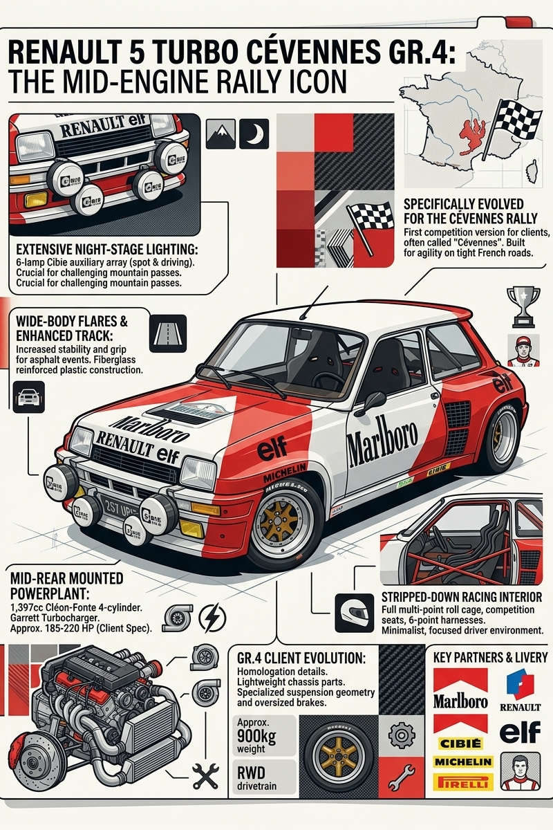 Create a visually rich infographic about (Renault 5 Turbo cevenne Gr