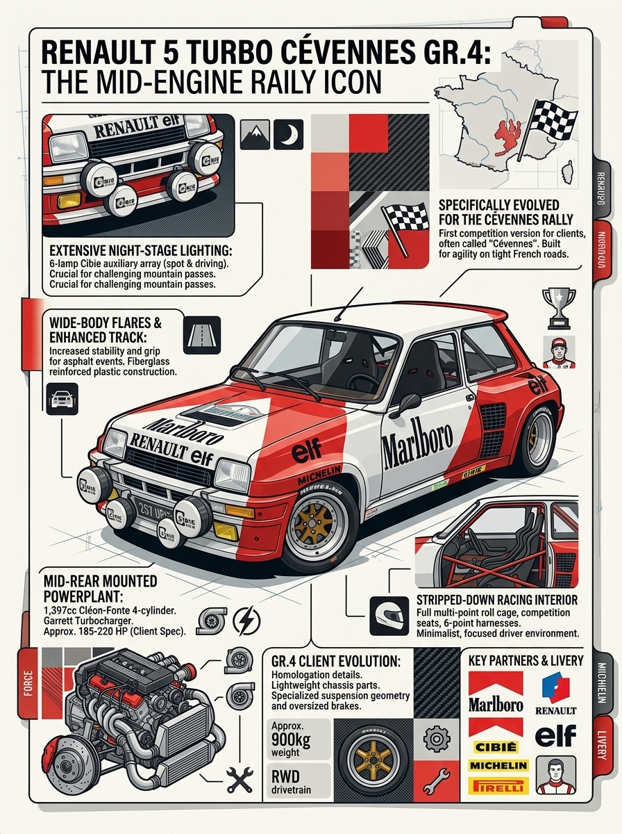 Create a visually rich infographic about (Renault 5 Turbo cevenne Gr
