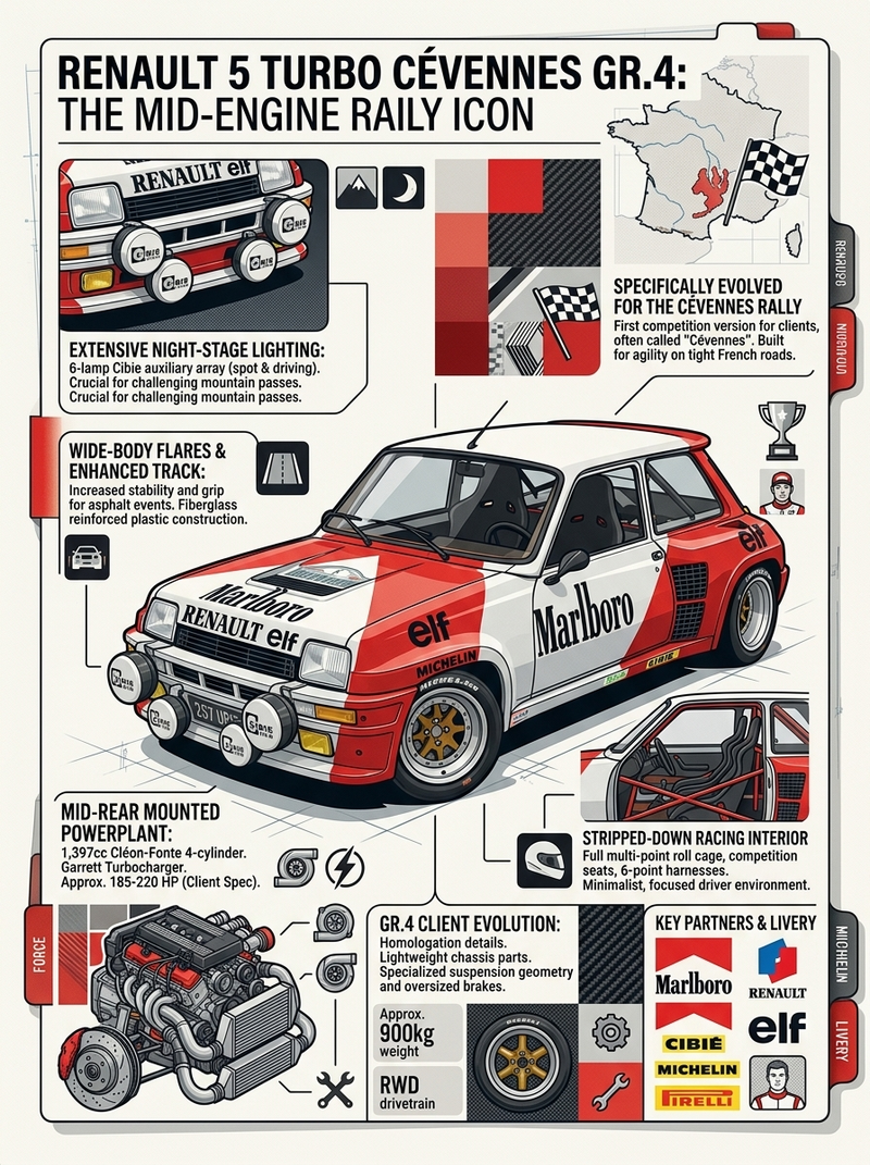Create a visually rich infographic about (Renault 5 Turbo cevenne Gr