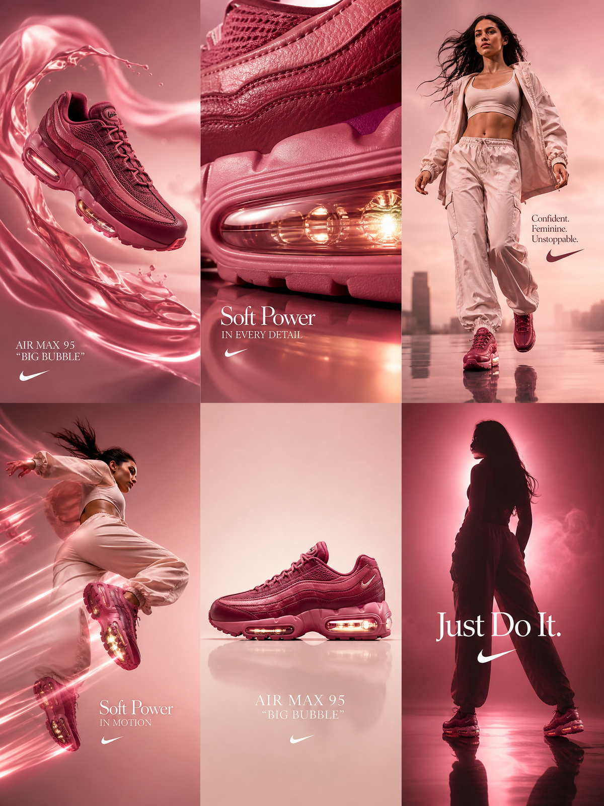 cinematic 6-frame grid (3x2), ultra-premium campaign for Nike Air Max 95 “Big Bu