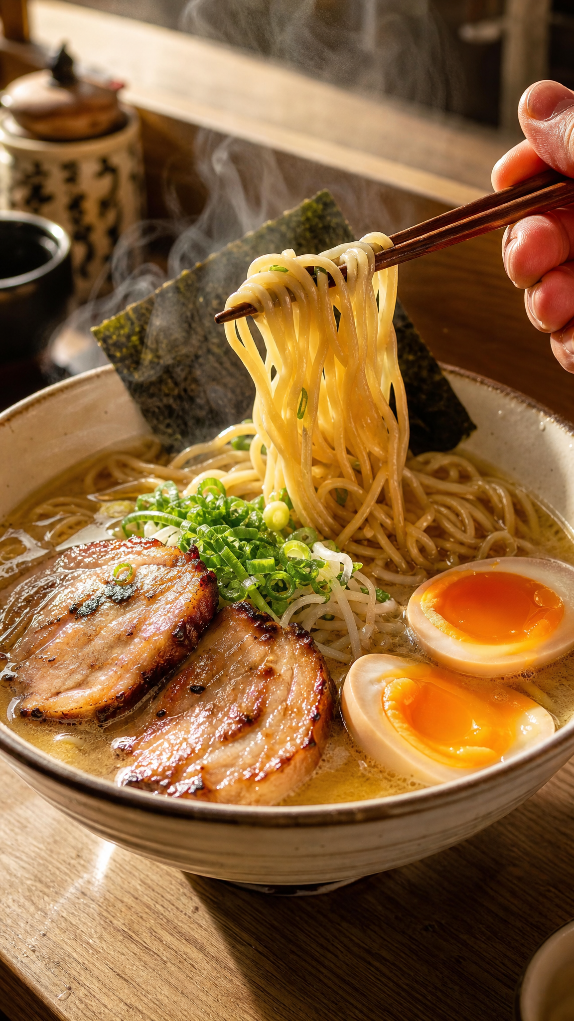 Create a hyper-realistic, ultra-detailed ramen hero scene designed to trigger hu