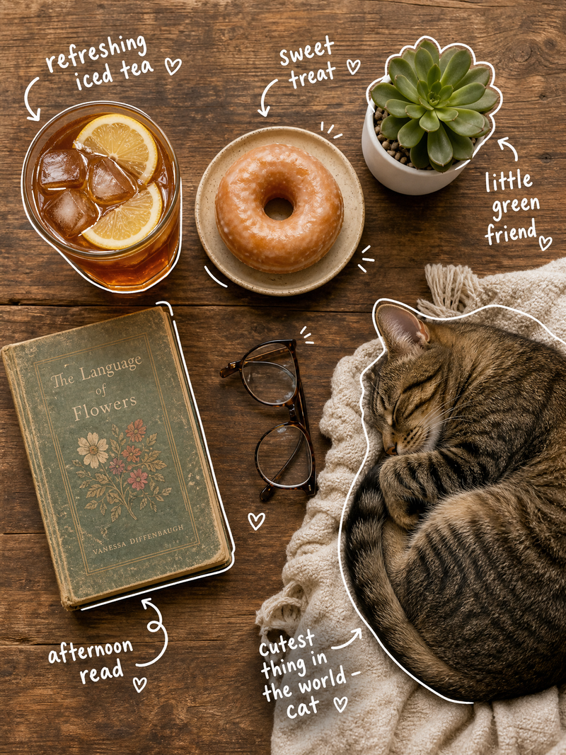 Top-down flat lay on a rustic wooden table, cozy aesthetic, soft natural light