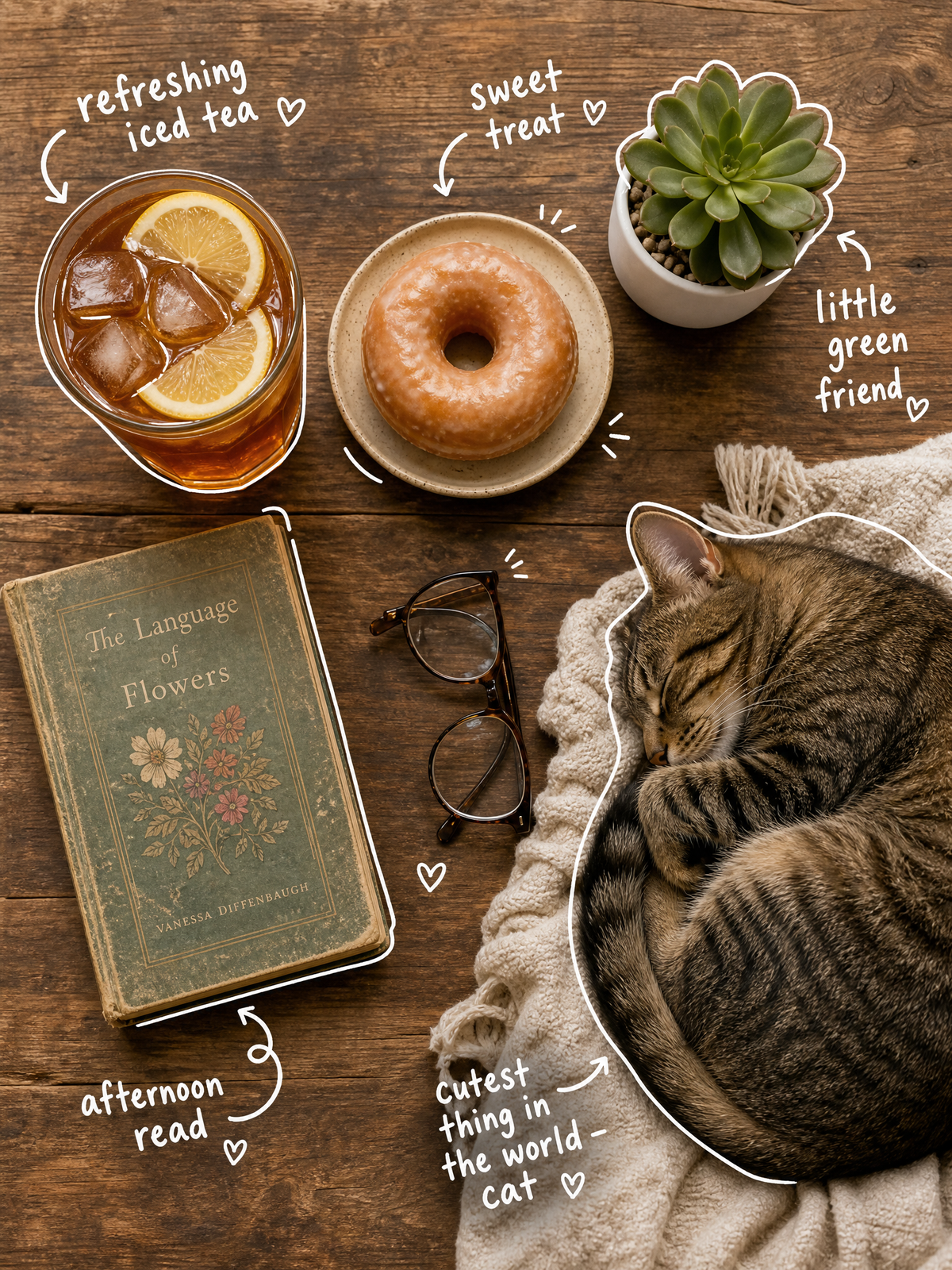 Top-down flat lay on a rustic wooden table, cozy aesthetic, soft natural light