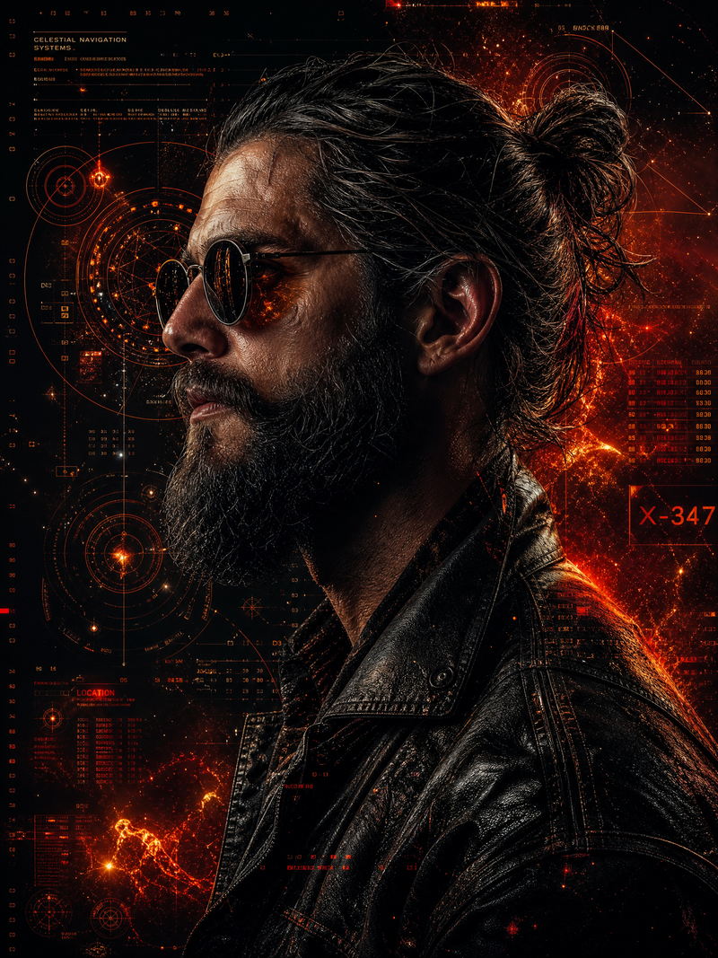 A cinematic side-profile portrait of a rugged man with a tied-back bun and full