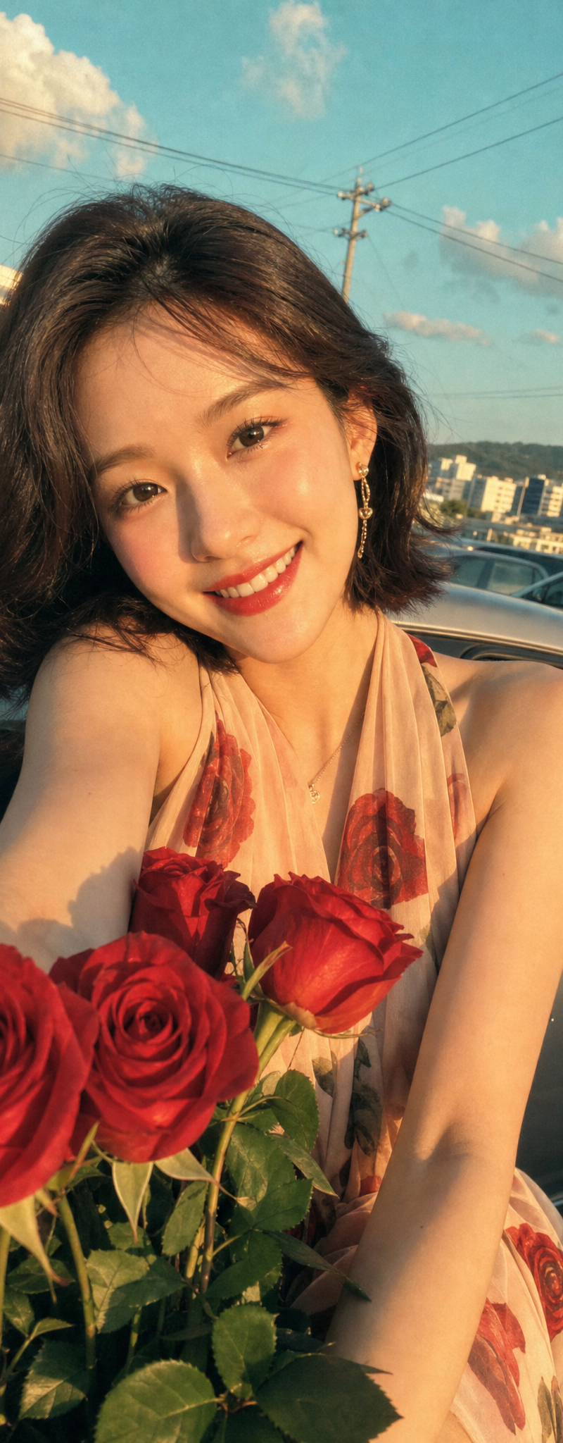 生成一张竖屏手机近距离人像照片:一位年轻成年女性在户外停车场或路边空间靠近镜头自拍,画面是紧凑半身近景,脸部占据上半部,身体微微前倾,头略向左倾,肩膀抬起,手中