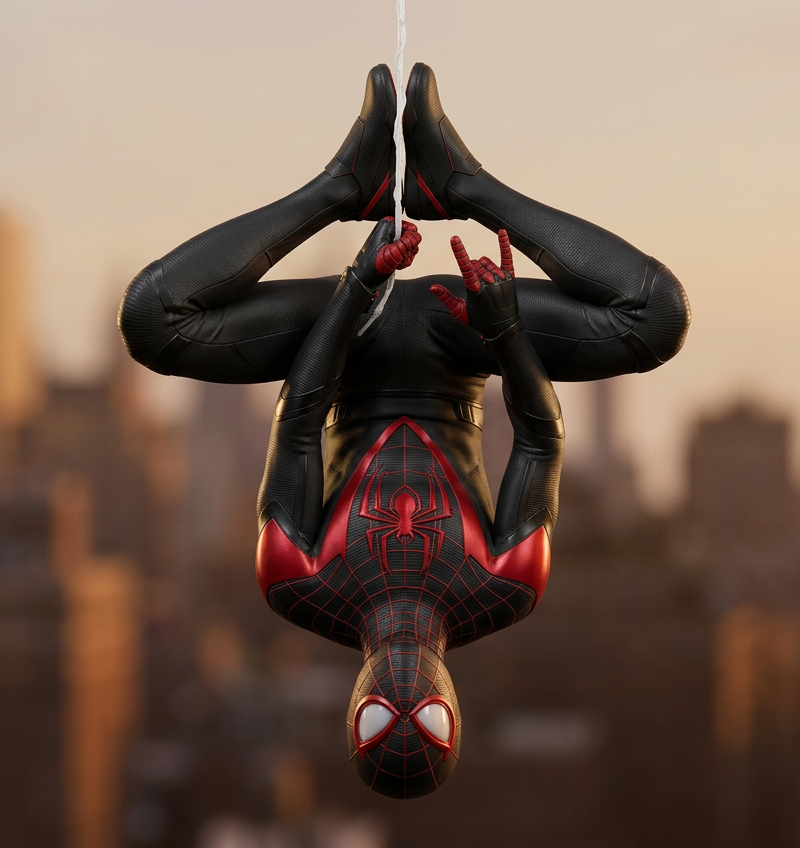 Upside-down human figure suspended from a single vertical line, body slightly cu