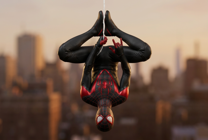 Upside-down human figure suspended from a single vertical line, body slightly cu