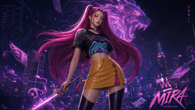 Create an artwork, a design of Mira from Kpop Demon Hunters, advanced design lev