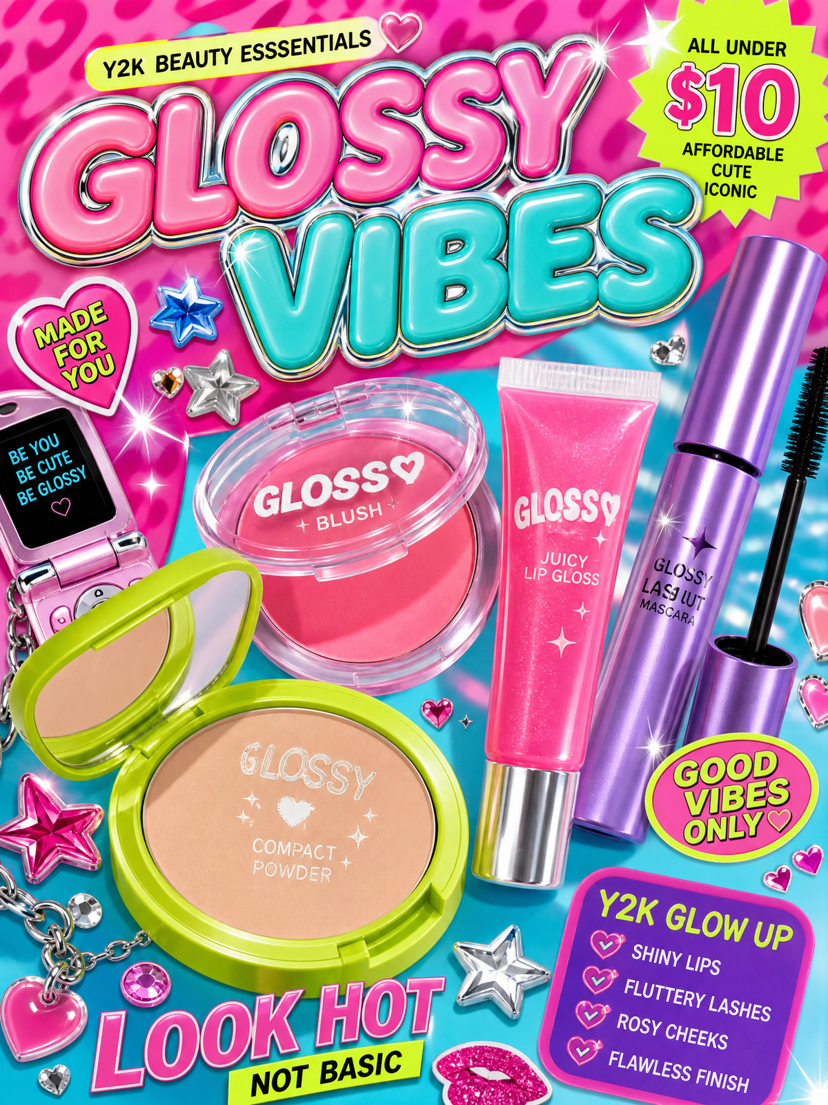 Cute Y2K style affordable cosmetics advertising image designed for Gen Z