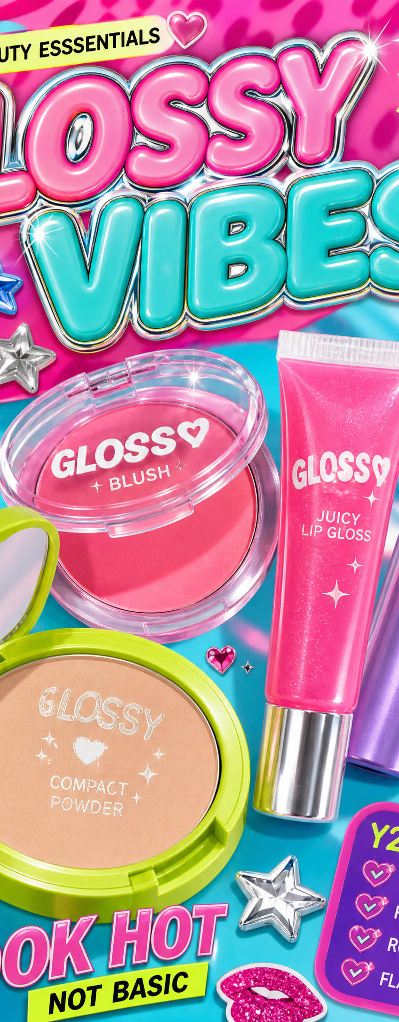 Cute Y2K style affordable cosmetics advertising image designed for Gen Z