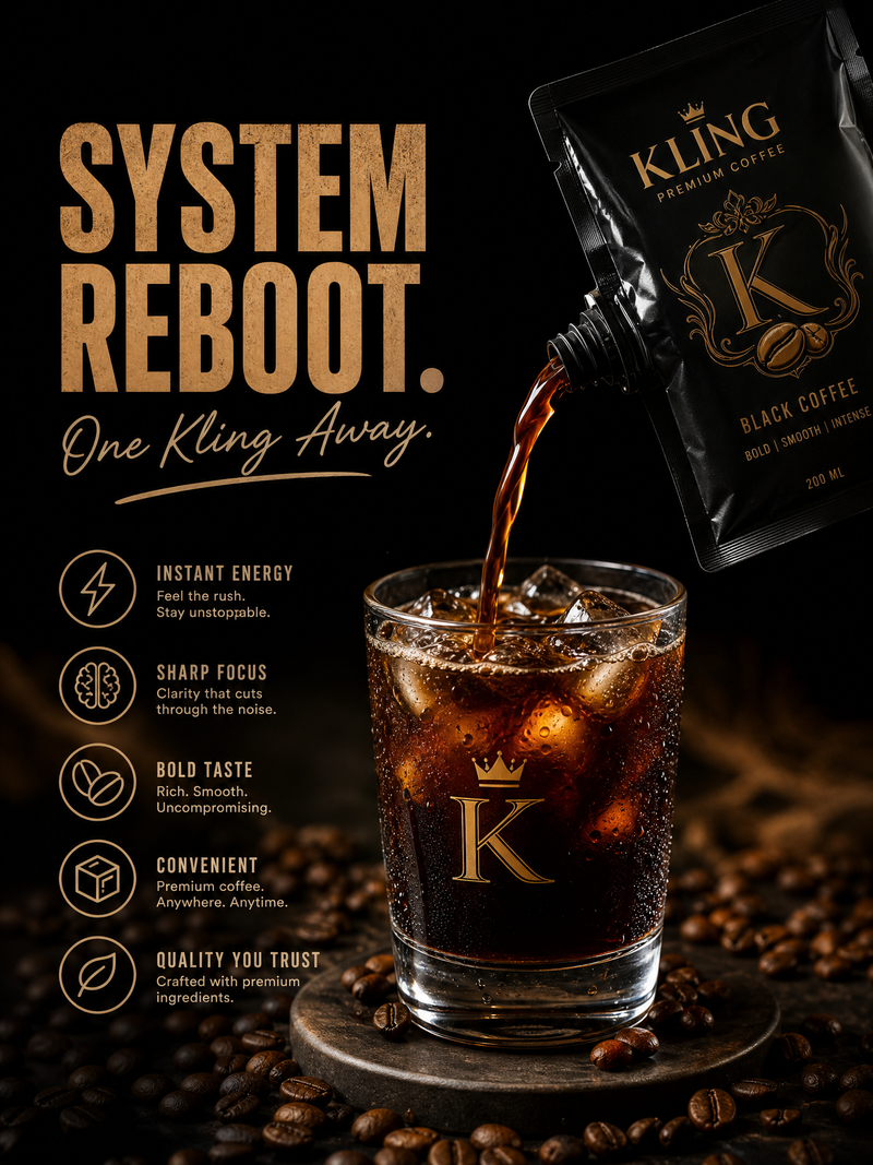 A premium vertical poster for a coffee drink in a black pouch pouring into a cle