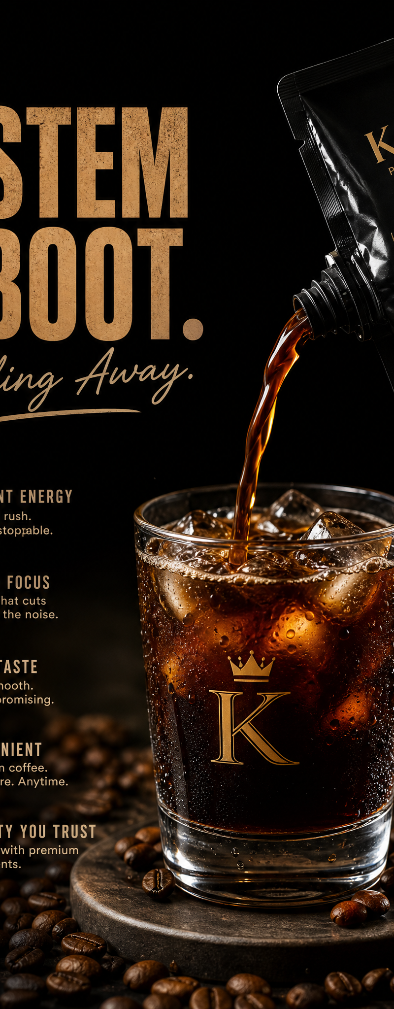A premium vertical poster for a coffee drink in a black pouch pouring into a cle