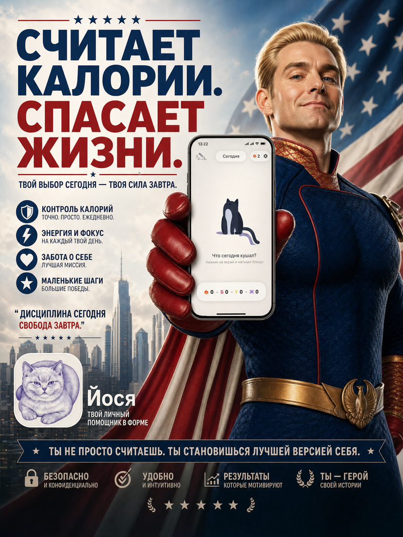 Generate a poster for Homelander держит телефон с приложением