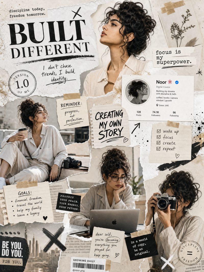 A bold, editorial-style digital collage in a monochrome white and beige theme wi