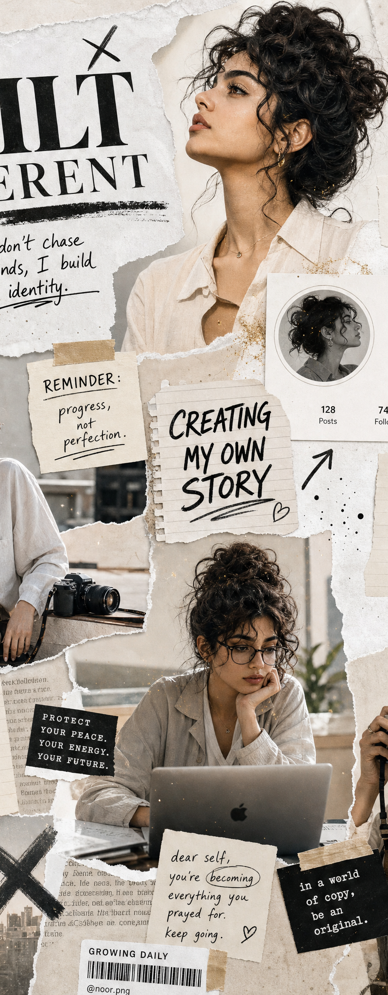 A bold, editorial-style digital collage in a monochrome white and beige theme wi