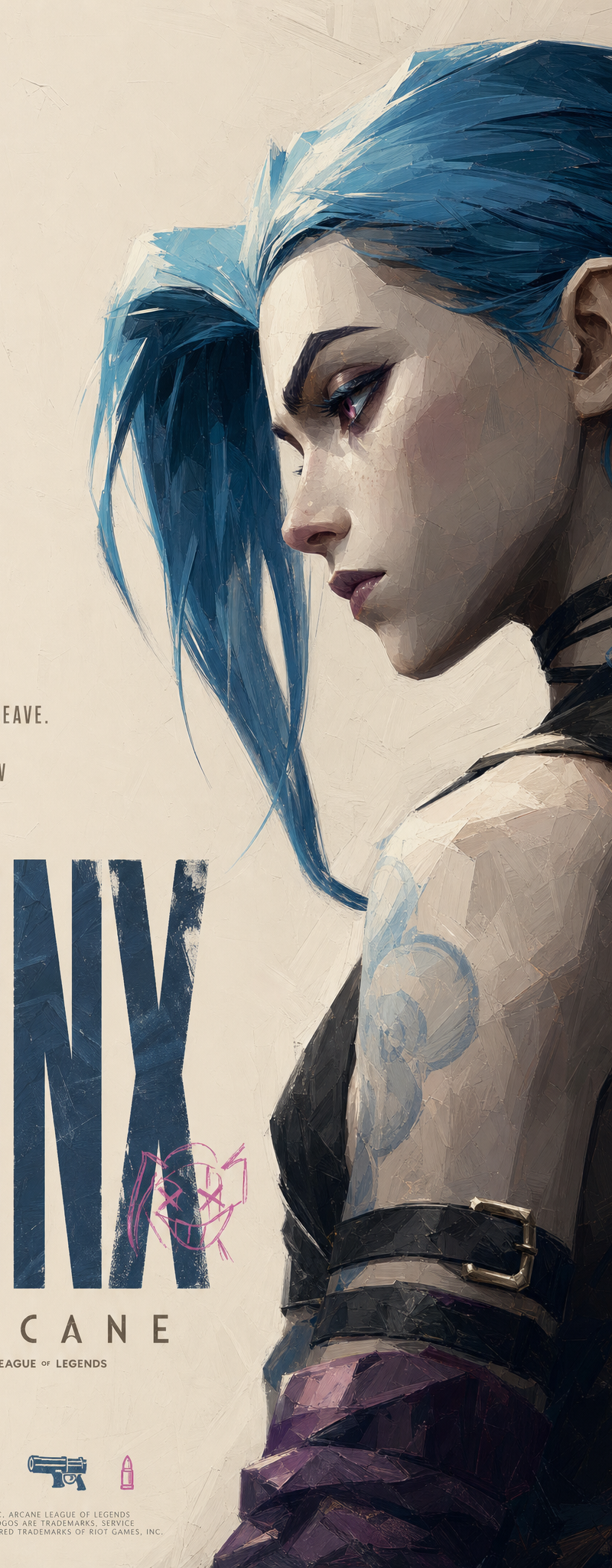 Jinx from Arcane, rendered in an American-style thick paint illustration