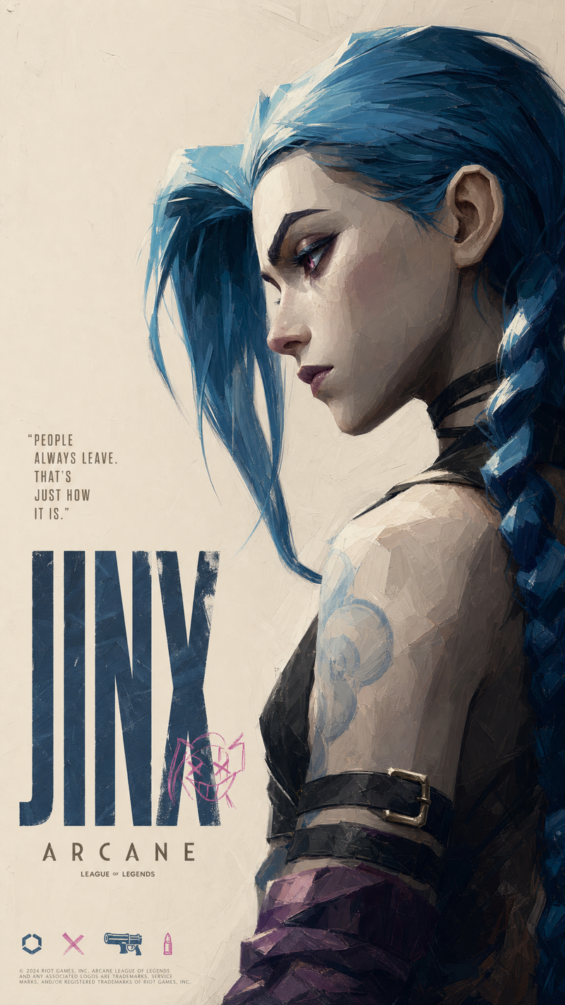 Jinx from Arcane, rendered in an American-style thick paint illustration