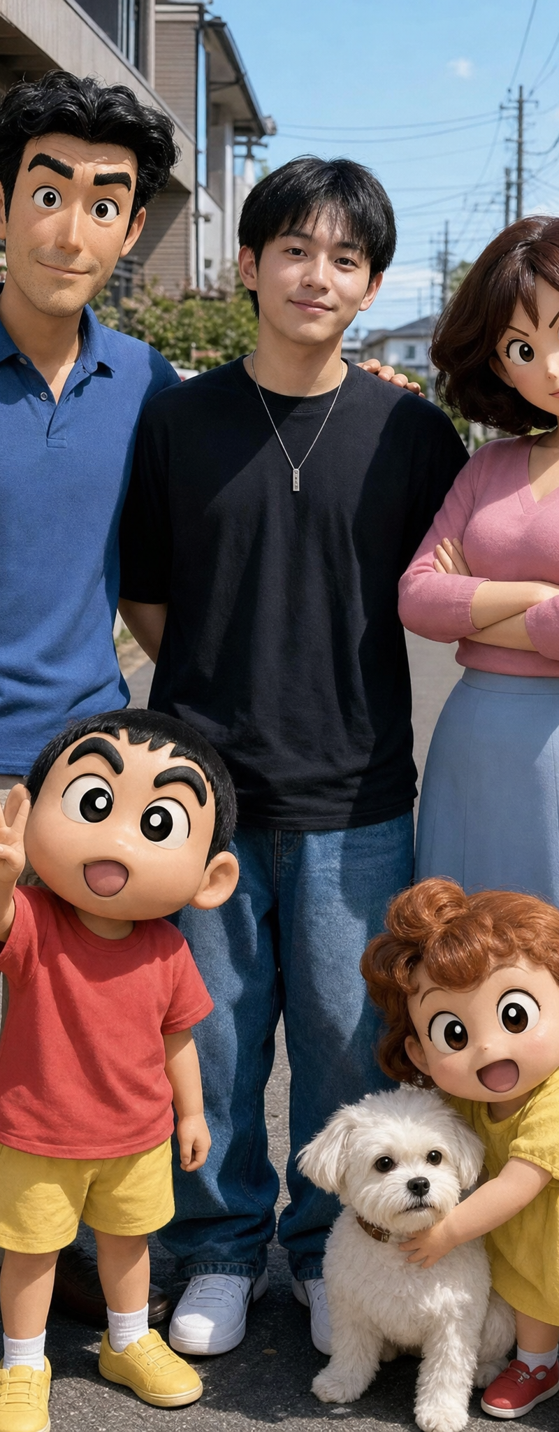 Create a highly realistic photo where I am standing with Shinchan Nohara and his