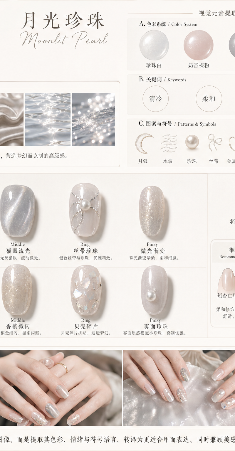 请根据用户输入的【主题】或上传的【参考图片】，创作一张横向 4:3 的高完成度「AI美甲灵感方案 」。 【输入规则】 如果用户提供的是文字主题，请根据主题进行抽
