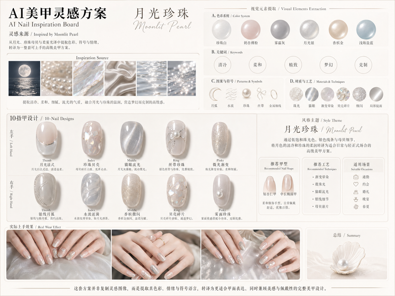 请根据用户输入的【主题】或上传的【参考图片】,创作一张横向 4:3 的高完成度「AI美甲灵感方案 」。 【输入规则】 如果用户提供的是文字主题,请根据主题进行抽