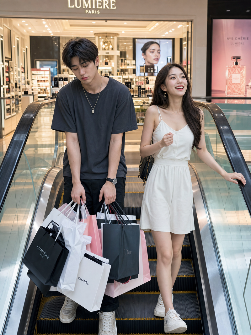 Create an image of two people standing on an escalator heading out of a cosmetic