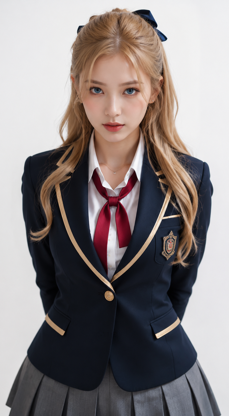 A Korean woman in her 20s posing in a polished school-inspired blazer outfit, ca